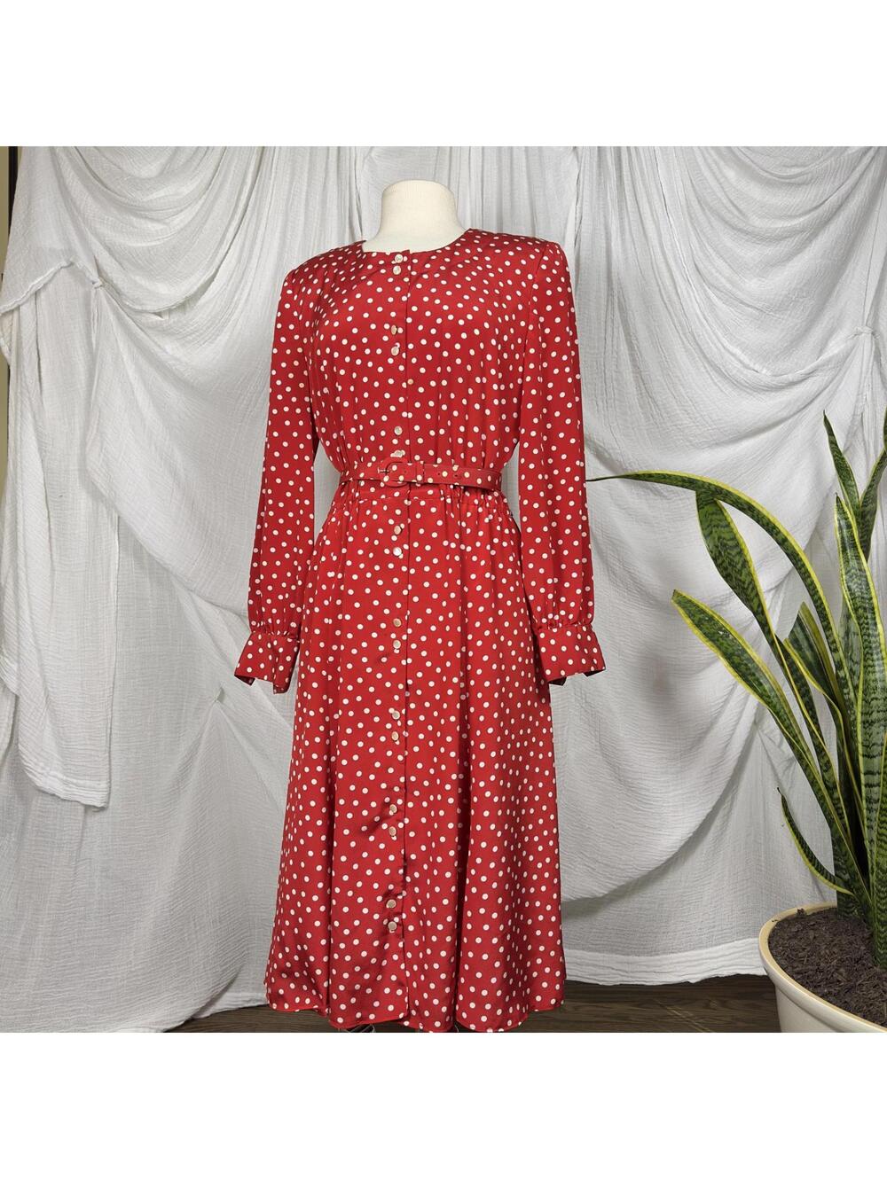 Vintage 80s Cottage Liz Claiborne Red Polka Dot Button-Front Dress Size 10